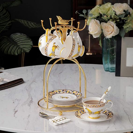 Coffee Cup Nordic Simple Coffee Cup Set 6-Piece European Bone China Afternoon Tea Coffee Cup Cappuccino Cup English Coffee Cup with Golden Metal Rack Tea Cup