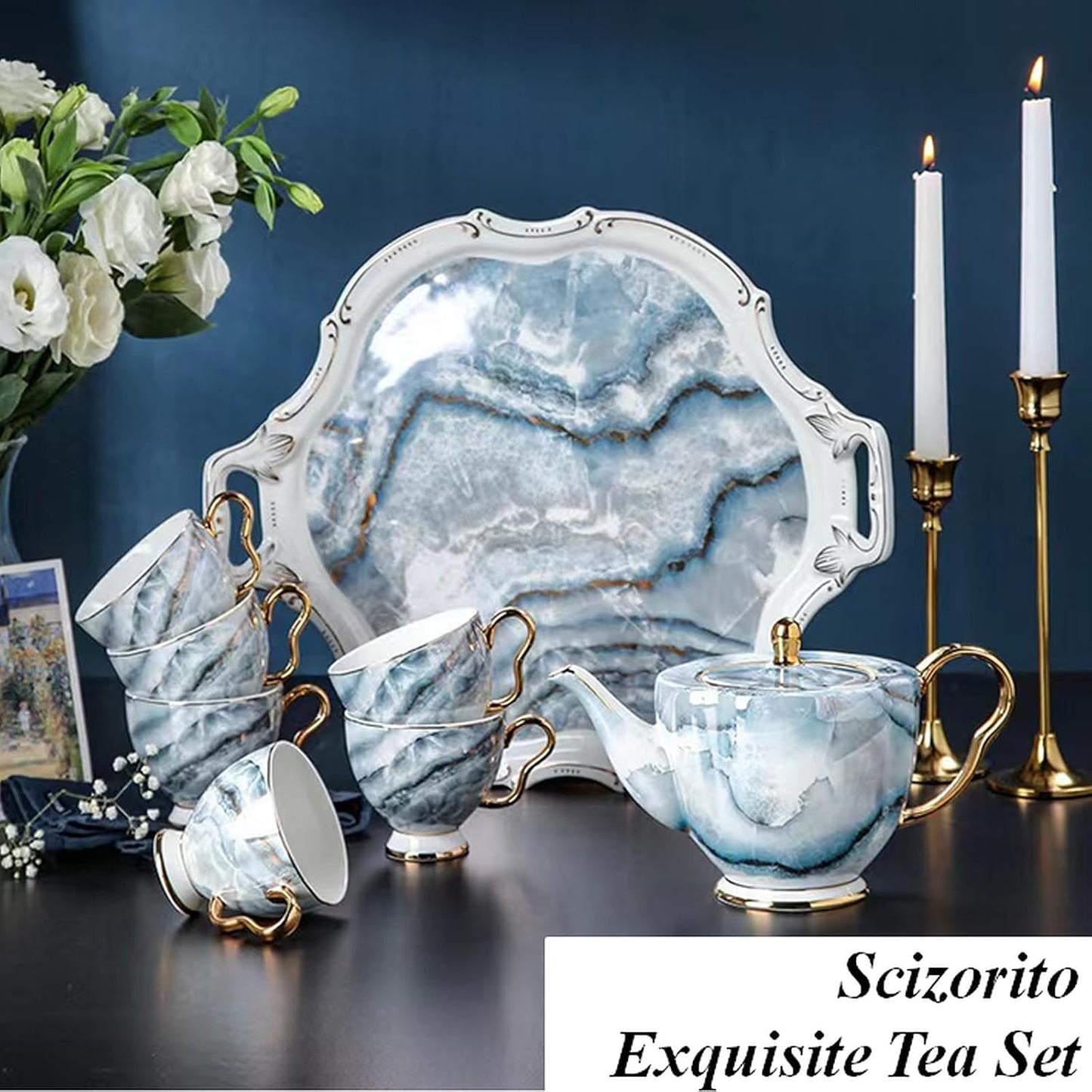 China Bone Porcelain Coffee Tea Set, Excellent Porcelain Tea Set, Retro Floral Tea Gift Set, Suitable as A Gift for Mother'S Day, Birthday, Christmas, and Gatherings (Sea Mist Blue)