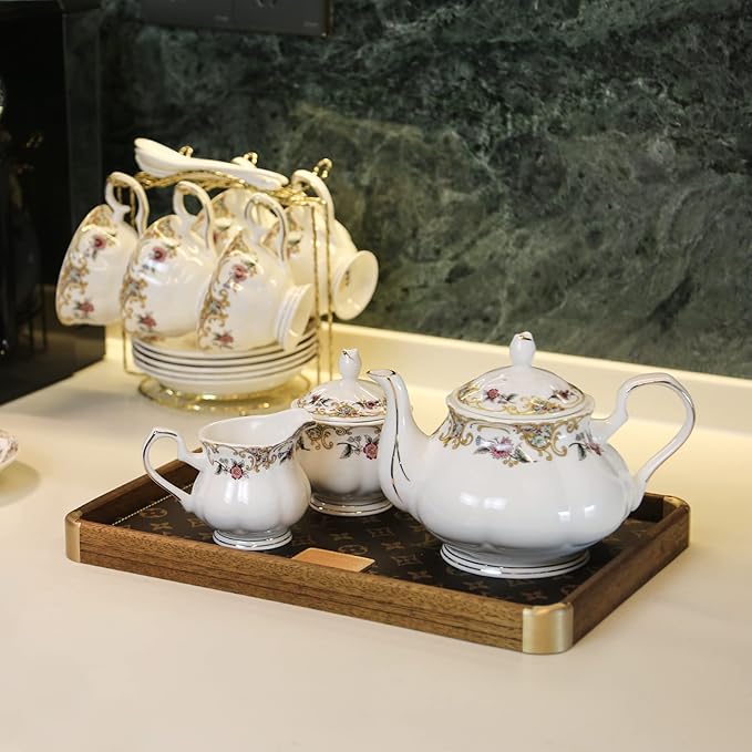 ACMLIFE Bone China Tea Set and 3-Tier Serving Stand with Tray, 21-Piece English Tea Cups Set of 6 Porcelain Tea Set with Teapot