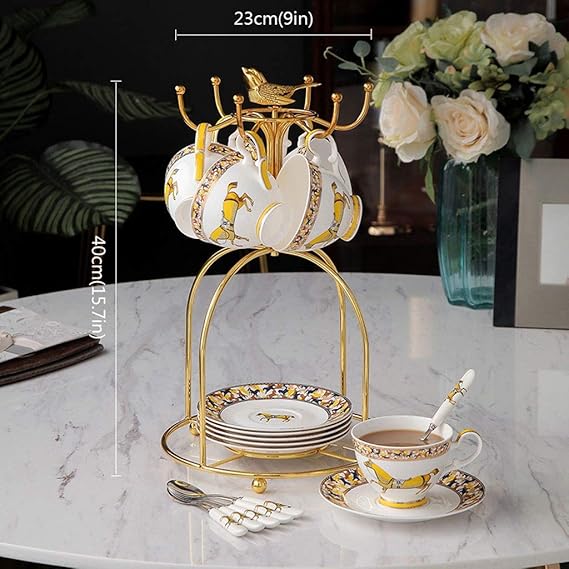 Coffee Cup Nordic Simple Coffee Cup Set 6-Piece European Bone China Afternoon Tea Coffee Cup Cappuccino Cup English Coffee Cup with Golden Metal Rack Tea Cup