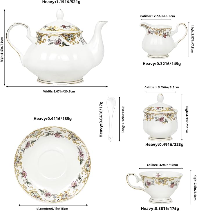 ACMLIFE Bone China Tea Set and 3-Tier Serving Stand with Tray, 21-Piece English Tea Cups Set of 6 Porcelain Tea Set with Teapot
