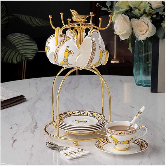 Coffee Cup Nordic Simple Coffee Cup Set 6-Piece European Bone China Afternoon Tea Coffee Cup Cappuccino Cup English Coffee Cup with Golden Metal Rack Tea Cup
