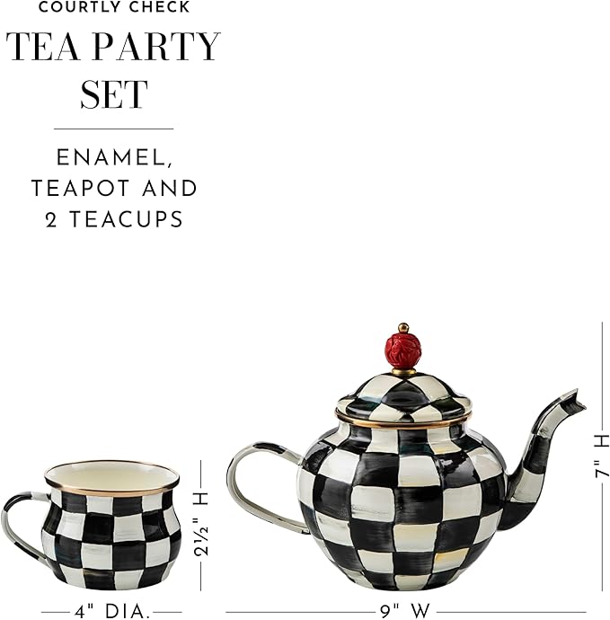 MACKENZIE-CHILDS Enamel Tea Party Set, Unique Teapot and Teacups, Tea Accessories Set, Black-and-White Courtly Check