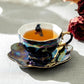 Halloween Goth Tea Set, Black Gold Scallop Teapot, Black Gold Scallop Sugar Creamer, 4 Assorted Black Gold Luster Tea Cup and Saucer Sets, Spider, Skull, Crow, Witchy Crystal Ball