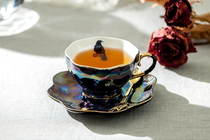 Halloween Goth Tea Set, Black Gold Scallop Teapot, Black Gold Scallop Sugar Creamer, 4 Assorted Black Gold Luster Tea Cup and Saucer Sets, Spider, Skull, Crow, Witchy Crystal Ball