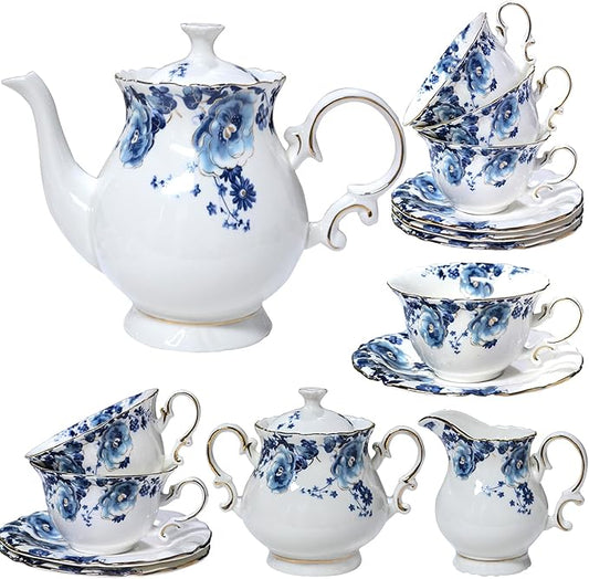 Bone China Tea Set for Adults, Blue and White Porcelain Tea Set for 6, 21-Piece Vintage Floral Tea Set With Teapot , Tea Sets for Women Party, Gift Box