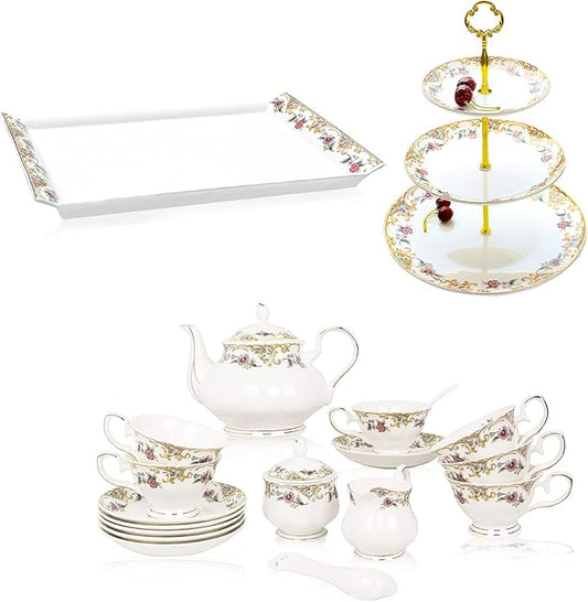 ACMLIFE Bone China Tea Set and 3-Tier Serving Stand with Tray, 21-Piece English Tea Cups Set of 6 Porcelain Tea Set with Teapot