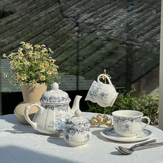 Elegant Blue Floral Bone China Tea Set – 15-Piece Vintage British Porcelain Tea Set for 6 | Includes Teapot, Cups, Saucers, Sugar Bowl & Creamer | Perfect for Afternoon Tea, Weddings & Gifts