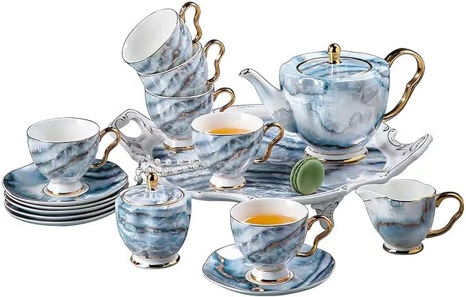 China Bone Porcelain Coffee Tea Set, Excellent Porcelain Tea Set, Retro Floral Tea Gift Set, Suitable as A Gift for Mother'S Day, Birthday, Christmas, and Gatherings (Sea Mist Blue)
