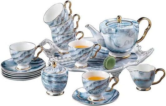 China Bone Porcelain Coffee Tea Set, Excellent Porcelain Tea Set, Retro Floral Tea Gift Set, Suitable as A Gift for Mother'S Day, Birthday, Christmas, and Gatherings (Sea Mist Blue)