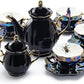 Halloween Goth Tea Set, Black Gold Scallop Teapot, Black Gold Scallop Sugar Creamer, 4 Assorted Black Gold Luster Tea Cup and Saucer Sets, Spider, Skull, Crow, Witchy Crystal Ball