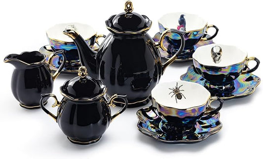 Halloween Goth Tea Set, Black Gold Scallop Teapot, Black Gold Scallop Sugar Creamer, 4 Assorted Black Gold Luster Tea Cup and Saucer Sets, Spider, Skull, Crow, Witchy Crystal Ball