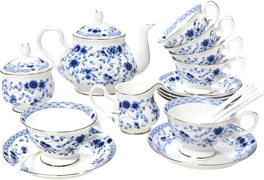 Bone China Tea Set for 6, Blue and White Porcelain Tea Set for Adults, Tea Cups and Saucers with Teapot, Vintage Tea Set for Women Tea Party