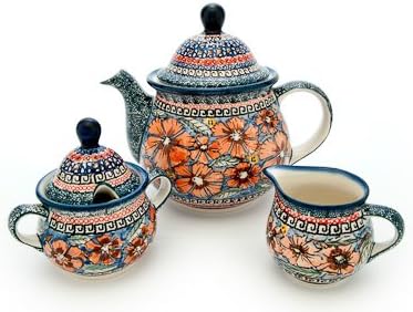 Blue Rose Polish Pottery - Red Jungle Flower Three Piece Tea Set - 7 Cup Teapot - Hand-Painted Polish Pottery Coffee & Tea Service