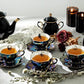 Halloween Goth Tea Set, Black Gold Scallop Teapot, Black Gold Scallop Sugar Creamer, 4 Assorted Black Gold Luster Tea Cup and Saucer Sets, Spider, Skull, Crow, Witchy Crystal Ball