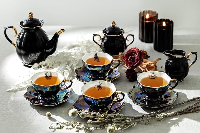 Halloween Goth Tea Set, Black Gold Scallop Teapot, Black Gold Scallop Sugar Creamer, 4 Assorted Black Gold Luster Tea Cup and Saucer Sets, Spider, Skull, Crow, Witchy Crystal Ball